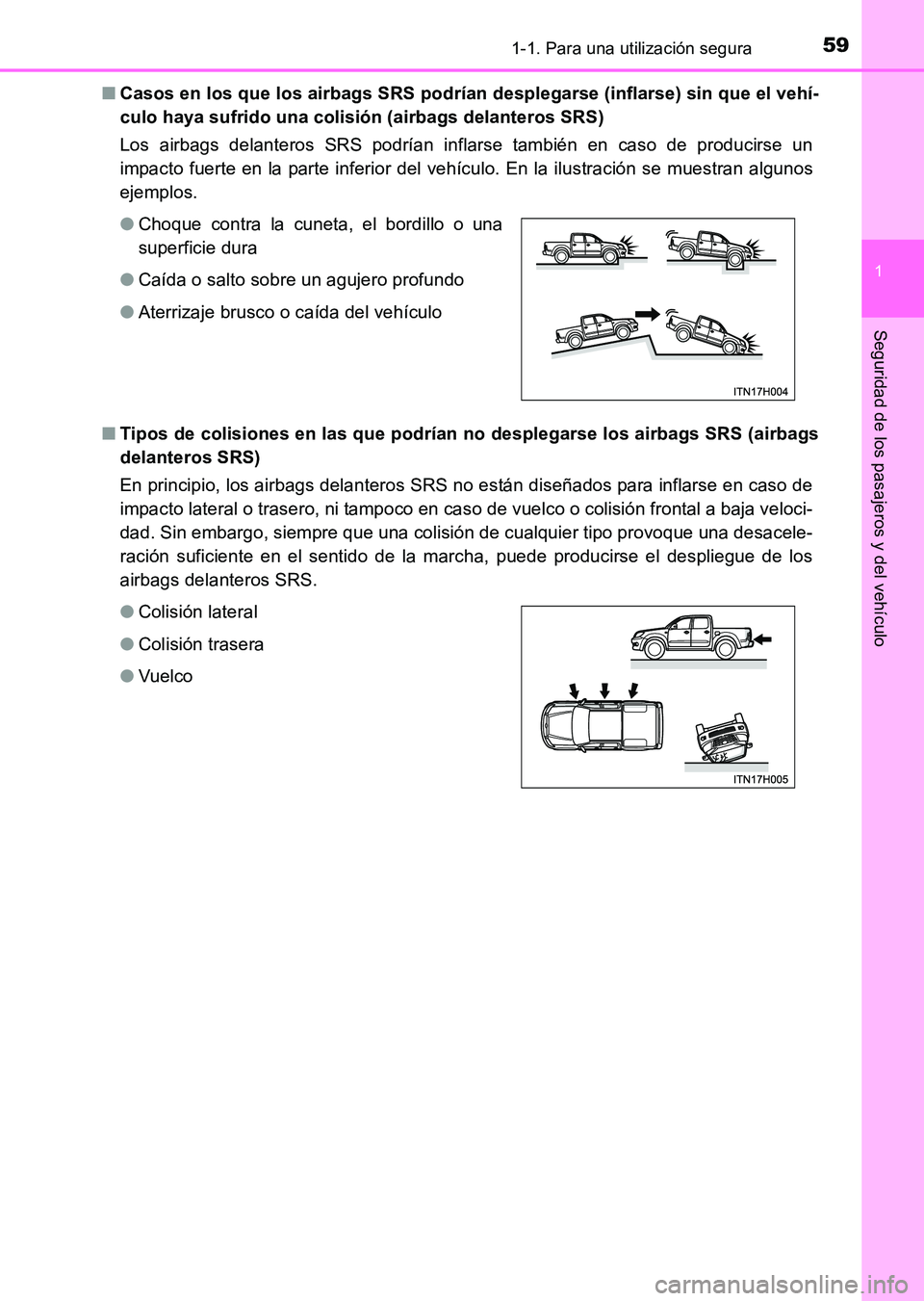 TOYOTA HILUX 2015  Manuale de Empleo (in Spanish) 591-1. Para una utilización segura
1
HILUX_OM_OM71215S_(ES)
Seguridad de los pasajeros y del vehículo
■Casos en los que los airbags SRS podrían desplegarse (inflarse) sin que el vehí-
culo haya 