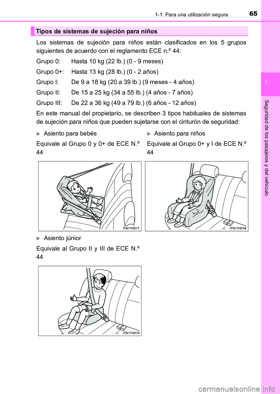 TOYOTA HILUX 2015  Manuale de Empleo (in Spanish) 651-1. Para una utilización segura
1
HILUX_OM_OM71215S_(ES)
Seguridad de los pasajeros y del vehículo
Los sistemas de sujeción para niños están clasificados en los 5 grupos
siguientes de acuerdo 