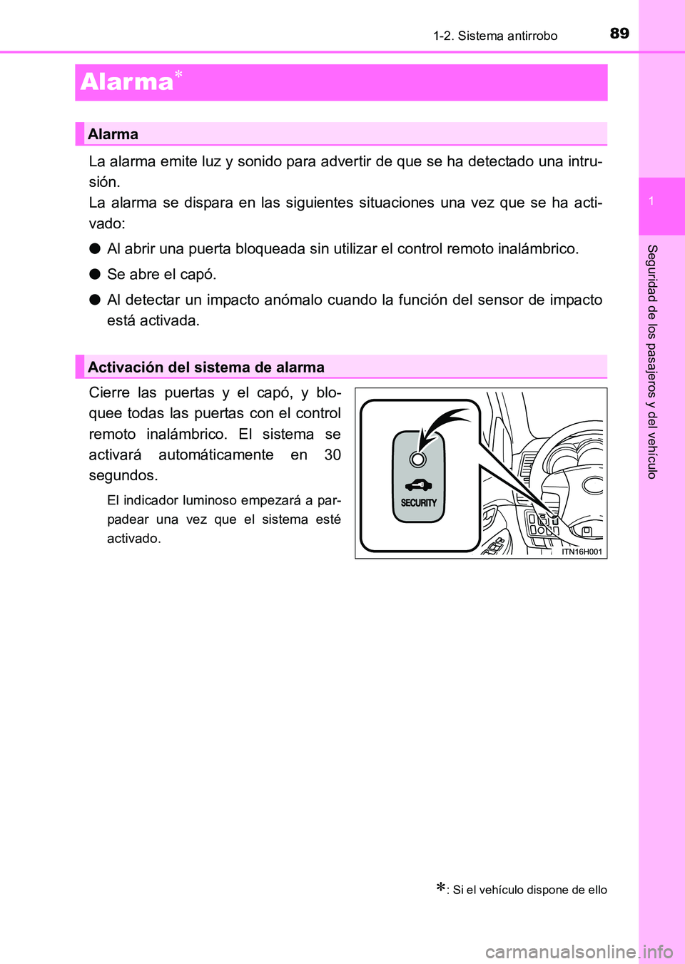 TOYOTA HILUX 2015  Manuale de Empleo (in Spanish) 89
1
1-2. Sistema antirrobo
HILUX_OM_OM71215S_(ES)
Seguridad de los pasajeros y del vehículo
Alar ma∗
La alarma emite luz y sonido para advertir de que se ha detectado una intru-
sión. 
La alarma 