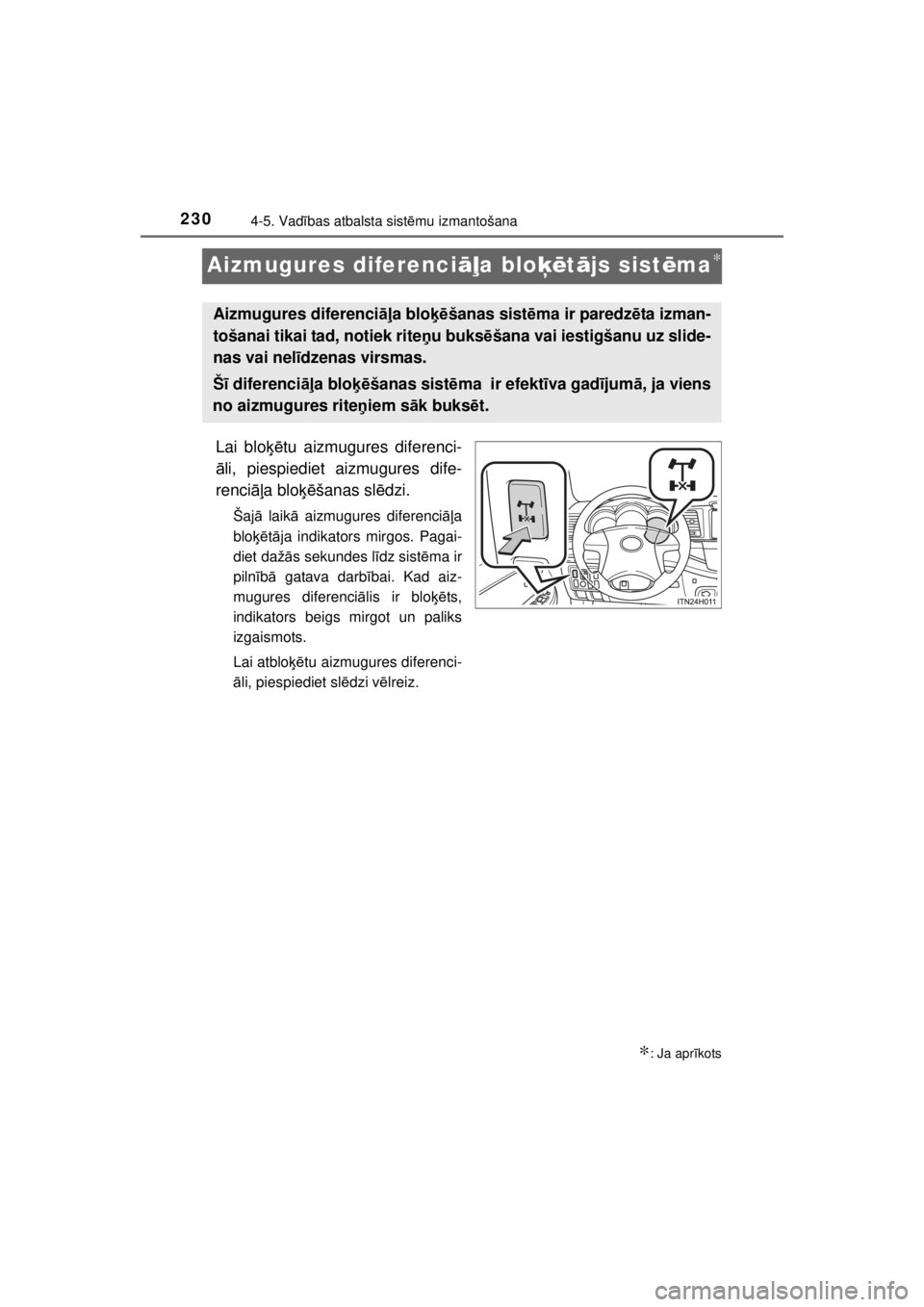 TOYOTA HILUX 2015  Lietošanas Instrukcija (in Latvian) 
2304-5. Vadības atbalsta sist ēmu izmantošana
HILUX_OM_OM0K219E_(EE)
Aizmugures diferenci āļa blo ķētā js sist ēma∗
Lai blo ķētu aizmugures diferenci-
ā li, piespiediet aizmugures dife-