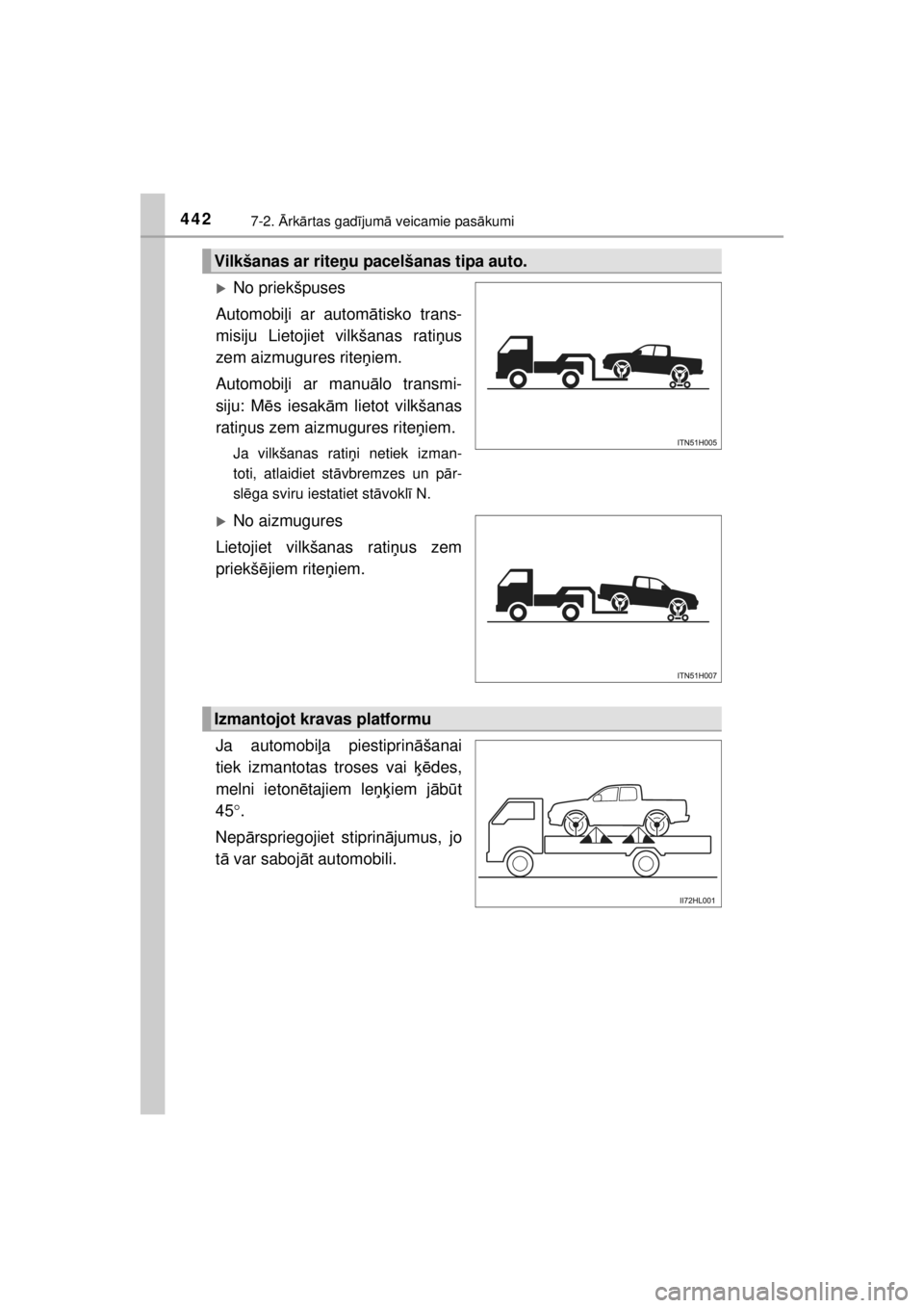 TOYOTA HILUX 2015  Lietošanas Instrukcija (in Latvian) 
4427-2. Ārk ārtas gad ījum ā veicamie pas ākumi
HILUX_OM_OM0K219E_(EE)
�XNo priekšpuses 
Automobi ļi ar autom ātisko trans-
misiju Lietojiet vilkšanas rati ņus
zem aizmugures rite ņiem.
Au