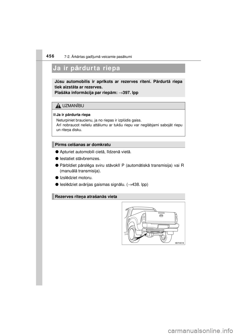 TOYOTA HILUX 2015  Lietošanas Instrukcija (in Latvian) 
4567-2. Ārk ārtas gad ījum ā veicamie pas ākumi
HILUX_OM_OM0K219E_(EE)
Ja ir p ārdur ta riepa
● Apturiet automobili ciet ā, l īdzen ā viet ā.
● Iestatiet st āvbremzes.
● Pārb īdiet