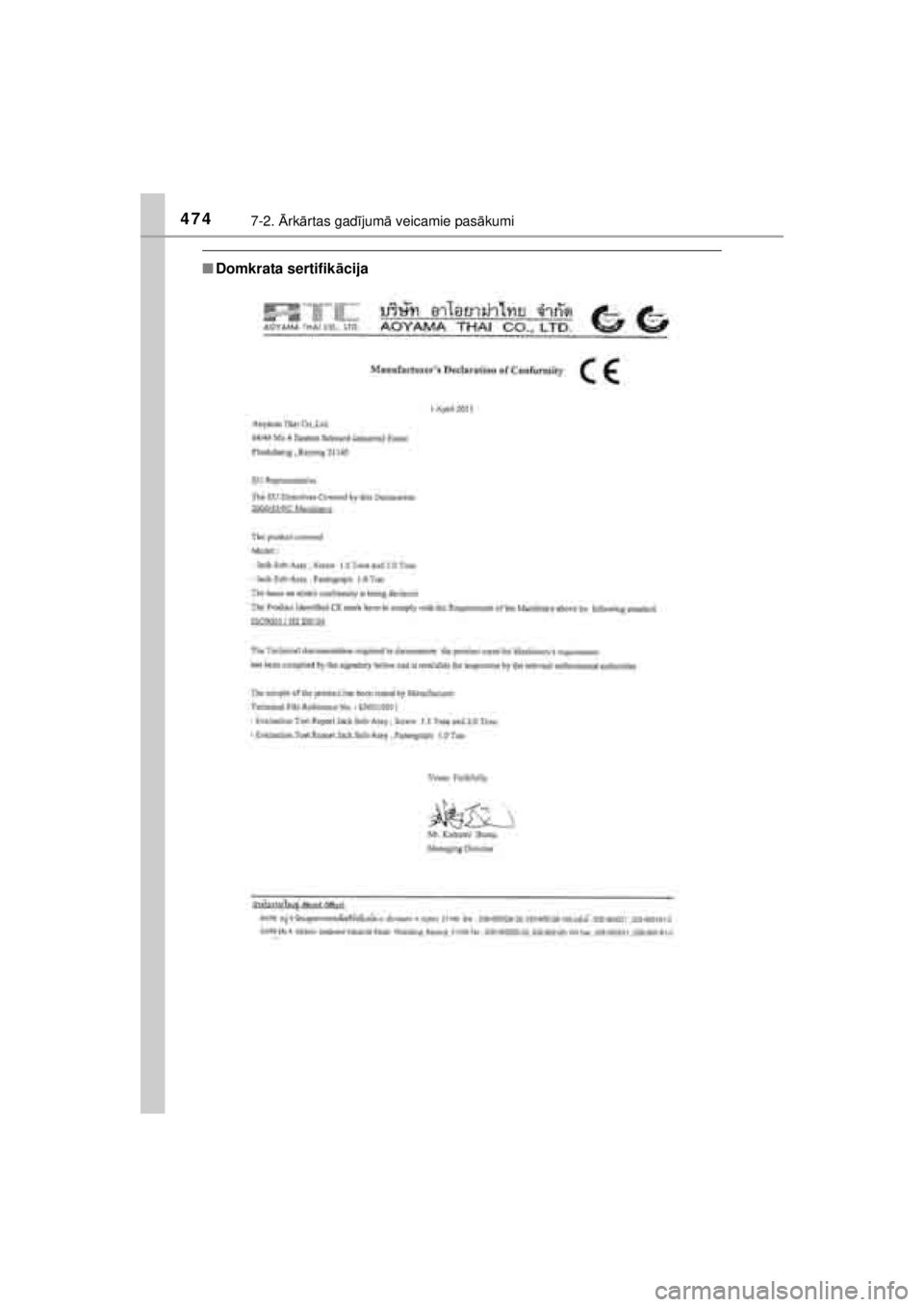 TOYOTA HILUX 2015  Lietošanas Instrukcija (in Latvian) 
4747-2. Ārk ārtas gad ījum ā veicamie pas ākumi
HILUX_OM_OM0K219E_(EE)
■ Domkrata sertifik ācija
HILUX_OM_OM0K219E_(LV).book  Page 474   Sunday, November 2, 2014  4:10 PM 