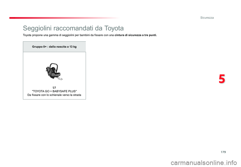 TOYOTA PROACE 2019  Manuale duso (in Italian) 179
5
Sicurezza
Spacetourer-VP_it_Chap05_securite_ed01-2016
Seggiolini raccomandati da Toyota
Toyota propone una gamma di seggiolini per bambini da fissare con una cintura di sicurezza a tre punti.
Gr
