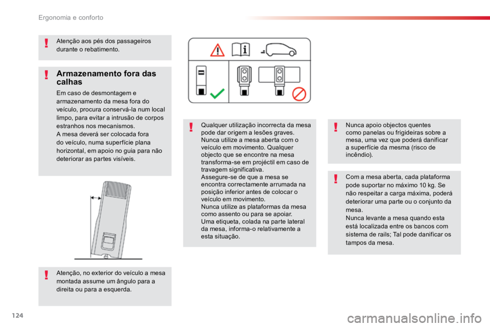 TOYOTA PROACE 2019  Manual de utilização (in Portuguese) 124
ProaceVerso_pt_Chap03_ergonomie-et-confort_ed01-2016
Atenção aos pés dos passageiros 
durante o rebatimento.Qualquer utilização incorrecta da mesa 
pode dar origem a lesões graves.
Nunca uti