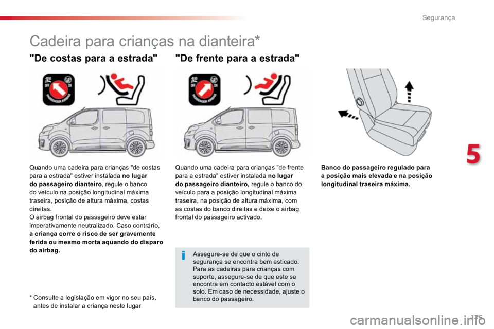TOYOTA PROACE 2019  Manual de utilização (in Portuguese) 175
ProaceVerso_pt_Chap05_securite_ed01-2016
Banco do passageiro regulado para 
a posição mais elevada e na posição 
longitudinal traseira máxima.
"De costas para a estrada"
Cadeira para 