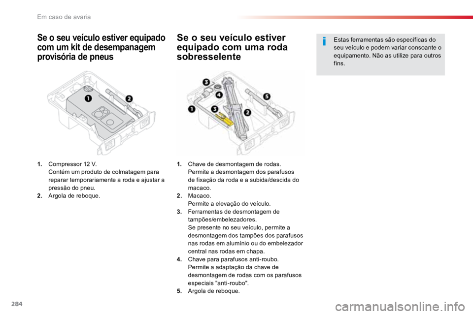 TOYOTA PROACE 2019  Manual de utilização (in Portuguese) 284
ProaceVerso_pt_Chap08_En-cas-de-panne_ed01-2016
Se o seu veículo estiver equipado 
com um kit de desempanagem 
provisória de pneus
1.  Compressor 12 V.
  Contém um produto de colmatagem para 
r