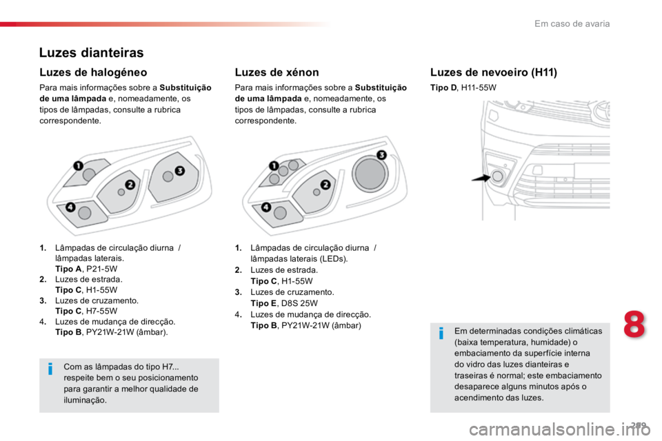 TOYOTA PROACE 2019  Manual de utilização (in Portuguese) 299
ProaceVerso_pt_Chap08_En-cas-de-panne_ed01-2016
Luzes dianteiras
Luzes de xénon
Para mais informações sobre a Substituição 
de uma lâmpada e, nomeadamente, os 
tipos de lâmpadas, consulte a