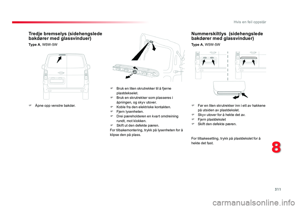 TOYOTA PROACE 2019  Instruksjoner for bruk (in Norwegian) 311
Proace_no_Chap08_En-cas-de-panne_ed01-2016
Nummerskiltlys  (sidehengslede bakdører med glassvinduer)
Ty p e  A, W5W-5W
F
 Bruk en liten skrutrekker til å fjerne plastdekselet.
F Bruk en skrutrek