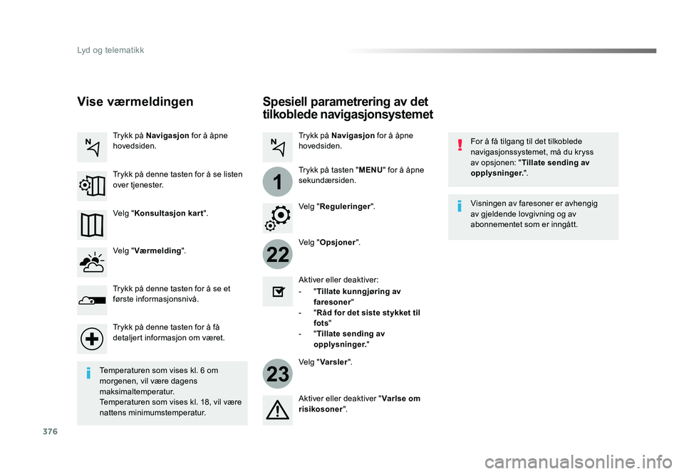 TOYOTA PROACE 2019  Instruksjoner for bruk (in Norwegian) 376
22
23
1
Proace_no_Chap10b_NAC-1_ed01-2016
Spesiell parametrering av det 
tilkoblede navigasjonsystemet
For å få tilgang til det tilkoblede 
navigasjonssystemet, må du kryss 
av opsjonen: "T