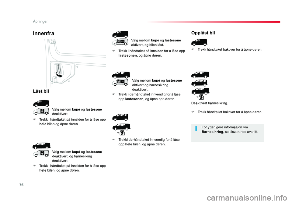 TOYOTA PROACE 2019  Instruksjoner for bruk (in Norwegian) 76
Proace_no_Chap02_ouvertures_ed01-2016
For ytterligere informasjon om Barnesikring, se tilsvarende avsnitt.
Innenfra
Valg mellom kupé og lastesone  
deaktivert. F
 Trekk i håndtaket på innsiden f
