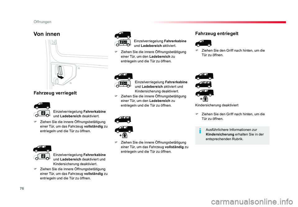 TOYOTA PROACE 2019 Betriebsanleitungen (in German) 76
Öffnungen
Jumpy _de_Chap02_ouvertures_ed01-2016
Ausführlichere Informationen zur
Kindersicherung erhalten Sie in der
entsprechenden Rubrik.
Von innen
Einzelverriegelung Fahrerkabine
und Lade TOYOTA PROACE 2019 Betriebsanleitungen (in German) 76
Öffnungen
Jumpy _de_Chap02_ouvertures_ed01-2016
Ausführlichere Informationen zur
Kindersicherung erhalten Sie in der
entsprechenden Rubrik.
Von innen
Einzelverriegelung Fahrerkabine
und Lade