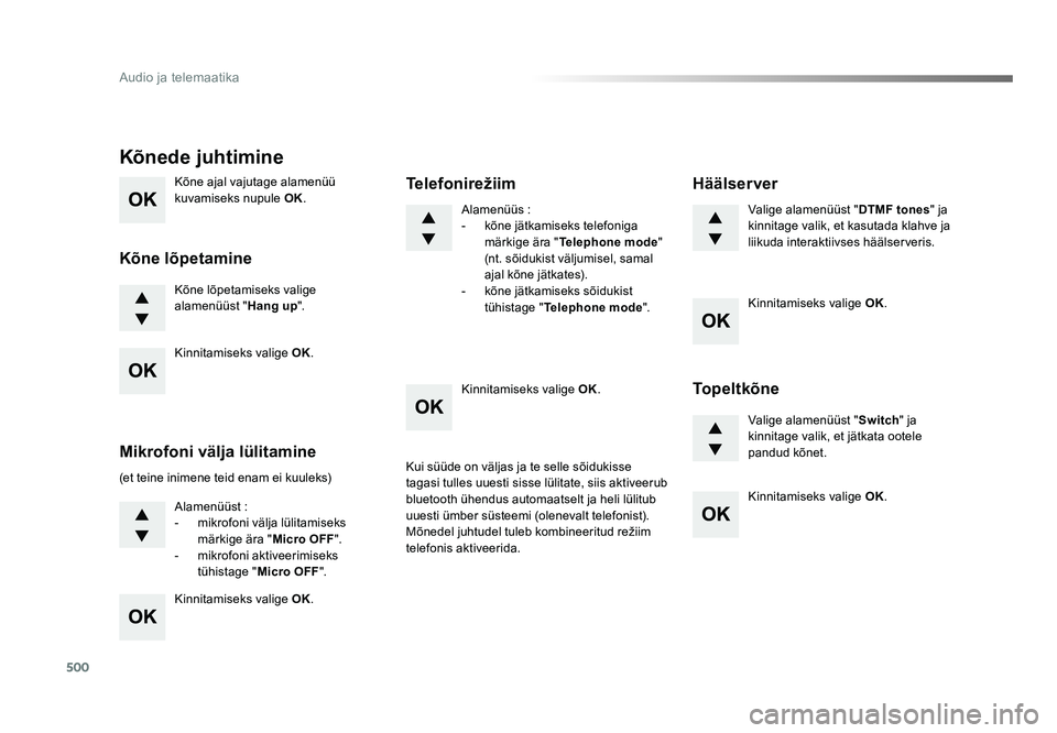 TOYOTA PROACE 2019  Kasutusjuhend (in Estonian) 500
Audio ja telemaatika
Proace_et_Chap10d_RD6_ed01-2016
Kõne ajal vajutage alamenüü 
kuvamiseks nupule OK.
Kõne lõpetamiseks valige 
alamenüüst " Hang up".
Kõnede juhtimine
Kõne lõp
