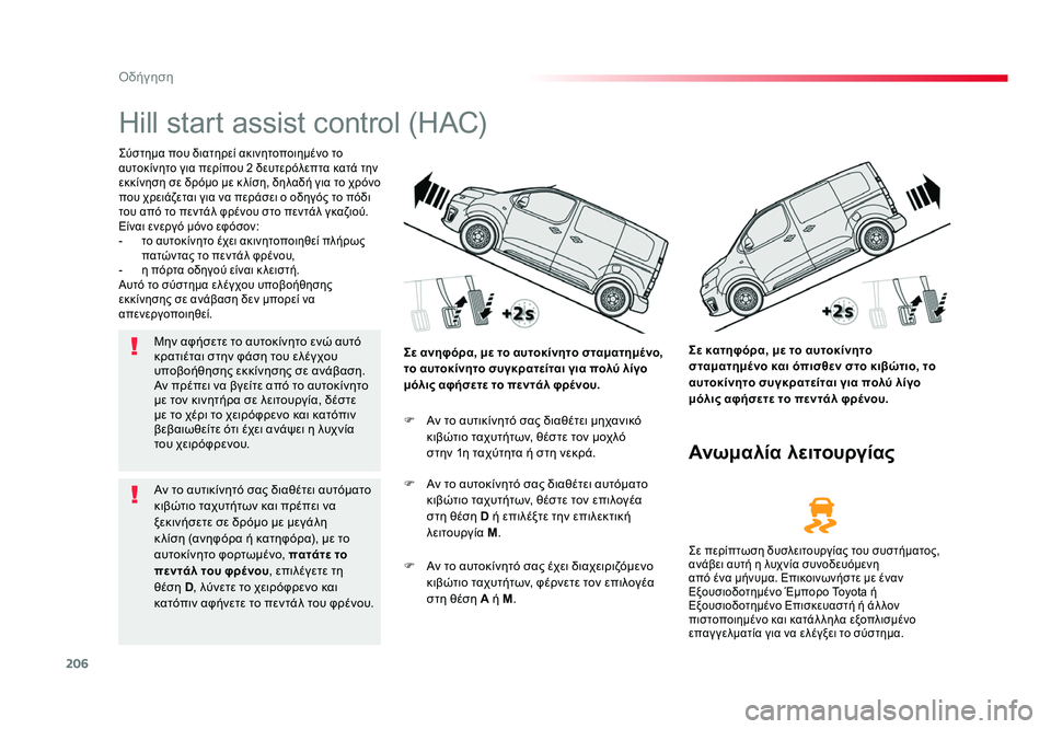 TOYOTA PROACE 2019 ΟΔΗΓΌΣ ΧΡΉΣΗΣ (in Greek) 206
Οδήγηση
Proace_el_Chap06_conduite_ed01-2016
Hill start assist control (HAC)
Σύστημα που διατηρεί ακινητοποιημένο το
αυτοκίνητο για περί TOYOTA PROACE 2019 ΟΔΗΓΌΣ ΧΡΉΣΗΣ (in Greek) 206
Οδήγηση
Proace_el_Chap06_conduite_ed01-2016
Hill start assist control (HAC)
Σύστημα που διατηρεί ακινητοποιημένο το
αυτοκίνητο για περί