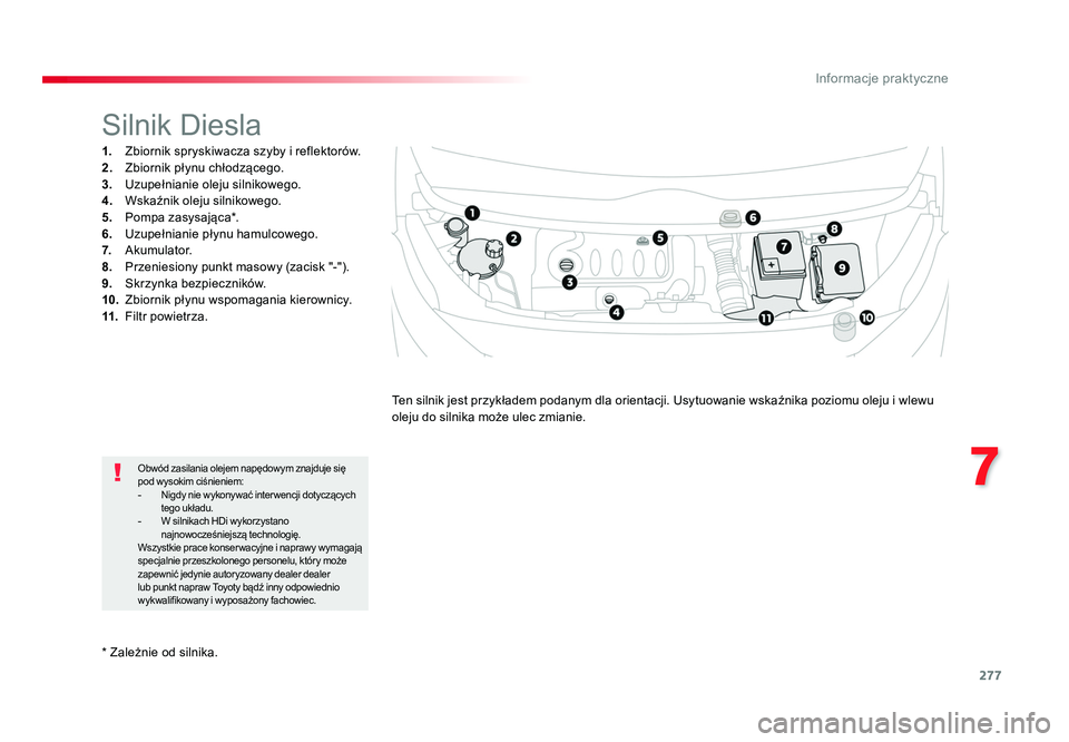 TOYOTA PROACE 2019 Instrukcja obsługi (in Polish) 277
7
Informacje praktyczne
Jumpy _pl_Chap07_info-pratiques_ed01-2016
* Zależnie od silnika.
Silnik Diesla
1. Zbiornik spryskiwacza szyby i reflektorów.
2. Zbiornik płynu chłodzącego.
3. Uzu TOYOTA PROACE 2019 Instrukcja obsługi (in Polish) 277
7
Informacje praktyczne
Jumpy _pl_Chap07_info-pratiques_ed01-2016
* Zależnie od silnika.
Silnik Diesla
1. Zbiornik spryskiwacza szyby i reflektorów.
2. Zbiornik płynu chłodzącego.
3. Uzu
