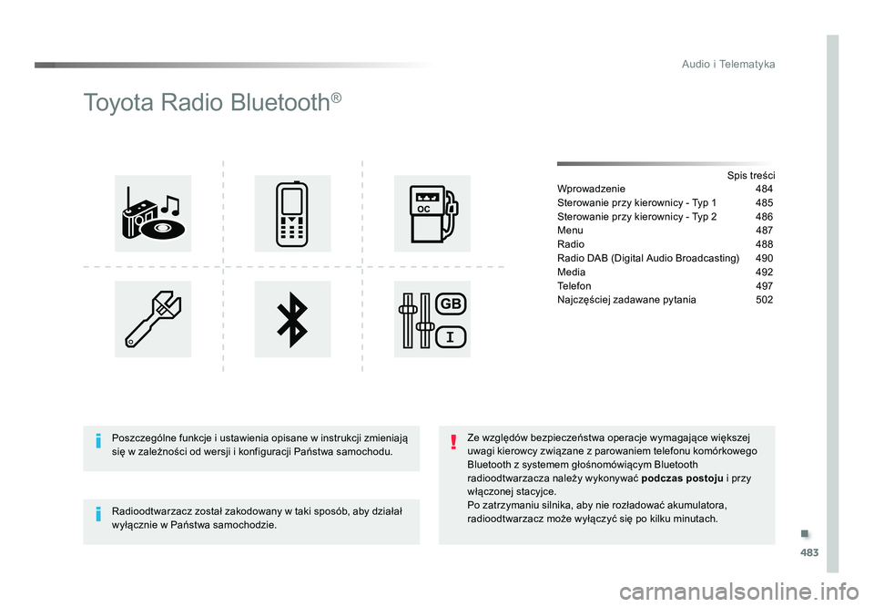 TOYOTA PROACE 2019  Instrukcja obsługi (in Polish) .
483
Audio i Telematyka
Jumpy_pl_Chap10d_RD6_ed01-2016
Toyota Radio Bluetooth®
Spis treści
Wprowadzenie   484
Sterowanie przy kierownicy - Typ 1  485
Sterowanie przy kierownicy - Typ 2  486
Menu   