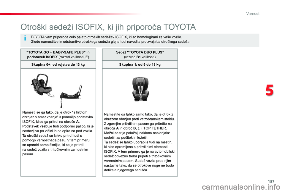 TOYOTA PROACE 2019  Manual de utilizare (in Romanian) 187
Proace_sl_Chap05_securite_ed01-2019
Otroški sedeži ISOFIX, ki jih priporoča TOYOTA
TOYOTA vam priporoča celo paleto otroških sedežev ISOFIX, ki so homologirani za vaše vozilo.Glede namestit