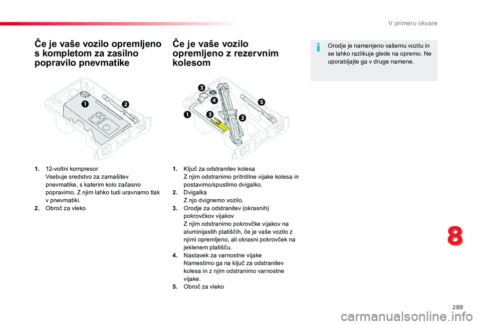 TOYOTA PROACE 2019  Manual de utilizare (in Romanian) 289
Proace_sl_Chap08_En-cas-de-panne_ed01-2019
Če je vaše vozilo opremljeno 
s kompletom za zasilno 
popravilo pnevmatike
1. 12-voltni kompresor  Vsebuje sredstvo za zamašitev pnevmatike, s katerim