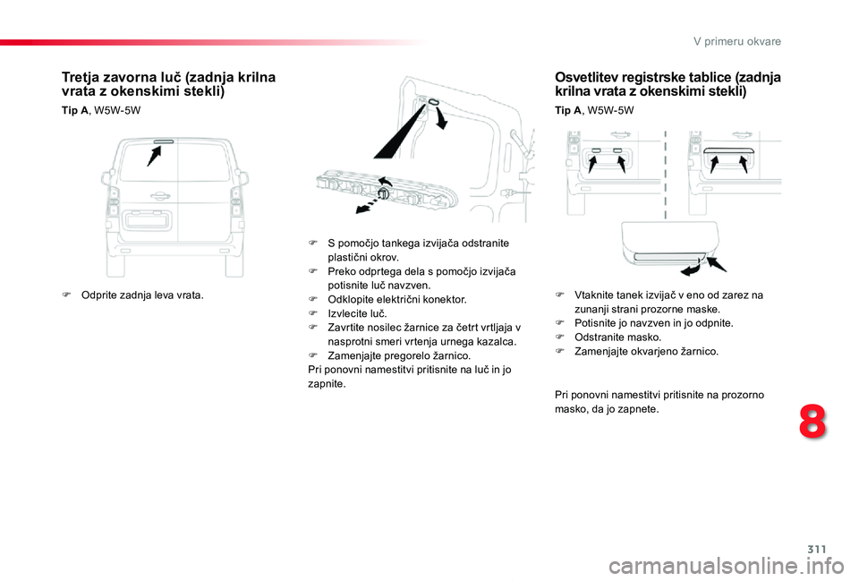 TOYOTA PROACE 2019  Manual de utilizare (in Romanian) 311
Proace_sl_Chap08_En-cas-de-panne_ed01-2019
Osvetlitev registrske tablice (zadnja krilna vrata z okenskimi stekli)
Tip A, W5W-5W
F S pomočjo tankega izvijača odstranite plastični okrov.F Preko o