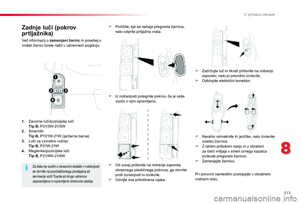 TOYOTA PROACE 2019  Manual de utilizare (in Romanian) 313
Proace_sl_Chap08_En-cas-de-panne_ed01-2019
Zadnje luči (pokrov 
prtljažnika)
Več informacij o zamenjavi žarnic in posebej o vrstah žarnic boste našli v ustreznem poglavju.
F Zadržujte luč 
