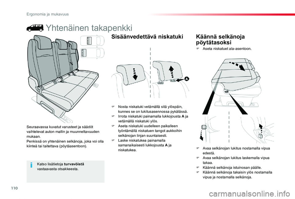 TOYOTA PROACE 2020  Omistajan Käsikirja (in Finnish) 110
Proace_fi_Chap03_ergonomie-et-confort_ed2019_V02
Yhtenäinen takapenkki
F Nosta niskatuki vetämällä sitä ylöspäin, kunnes se on lukitusasennossa pykälässä.F Irrota niskatuki painamalla lu