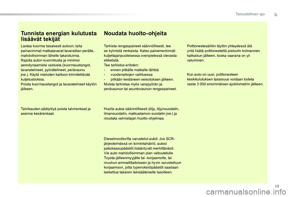 TOYOTA PROACE 2020  Omistajan Käsikirja (in Finnish) 13
Proace_fi_Chap00c_eco-conduite_ed2019_V02
Tunnista energian kulutusta 
lisäävät tekijät
Lastaa kuorma tasaisesti autoon; laita painavimmat matkatavarat tavaratilan perälle, mahdollisimman läh