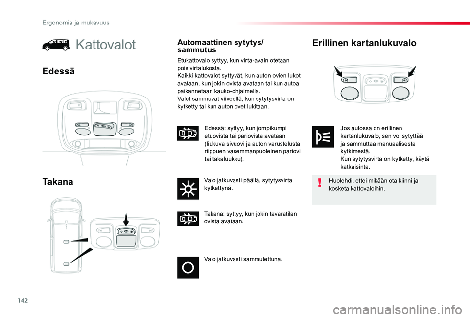 TOYOTA PROACE 2020  Omistajan Käsikirja (in Finnish) 142
Proace_fi_Chap03_ergonomie-et-confort_ed2019_V02
Erillinen kartanlukuvalo
Ta k a n a
KattovalotAutomaattinen sytytys/sammutus
Etukattovalo syttyy, kun virta-avain otetaan pois virtalukosta.Kaikki 
