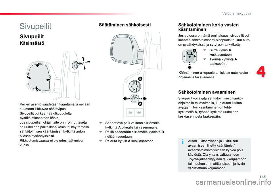 TOYOTA PROACE 2020  Omistajan Käsikirja (in Finnish) 143
Proace_fi_Chap04_eclairage-et-visibilite_ed2019_V02
F Säädettävä peili valitaan siirtämällä kytkintä A oikealle tai vasemmalle.F Peiliä säädetään siirtämällä kytkintä B neljään 
