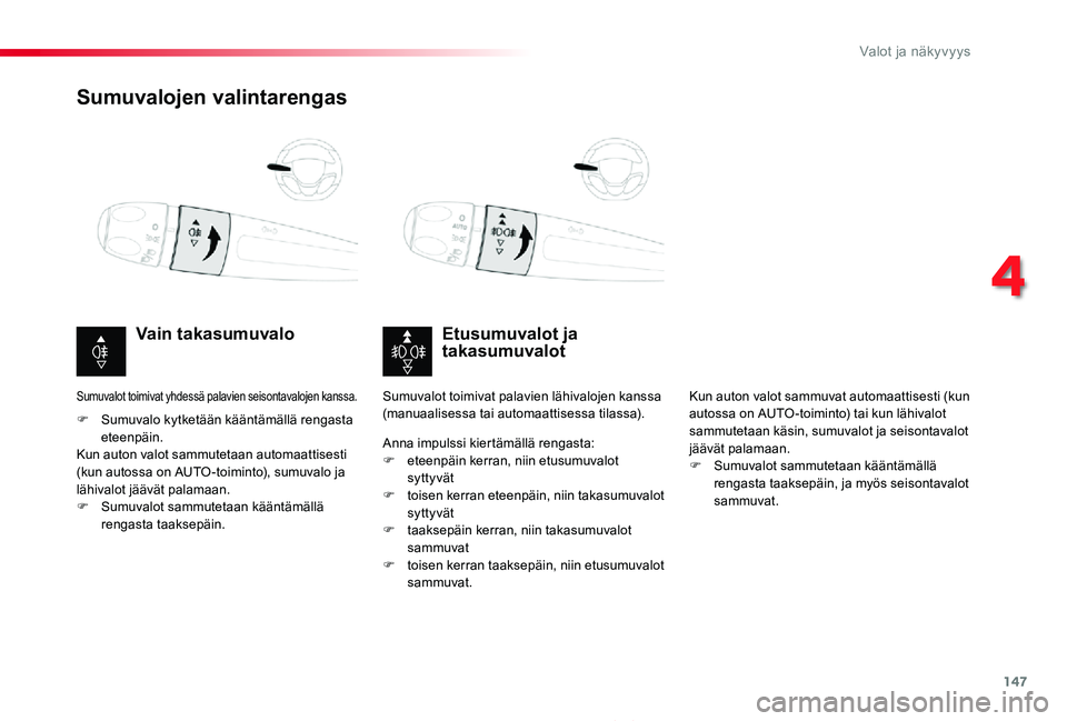 TOYOTA PROACE 2020  Omistajan Käsikirja (in Finnish) 147
Proace_fi_Chap04_eclairage-et-visibilite_ed2019_V02
Sumuvalojen valintarengas
Etusumuvalot ja takasumuvalotVain takasumuvalo
F Sumuvalo kytketään kääntämällä rengasta eteenpäin.Kun auton v