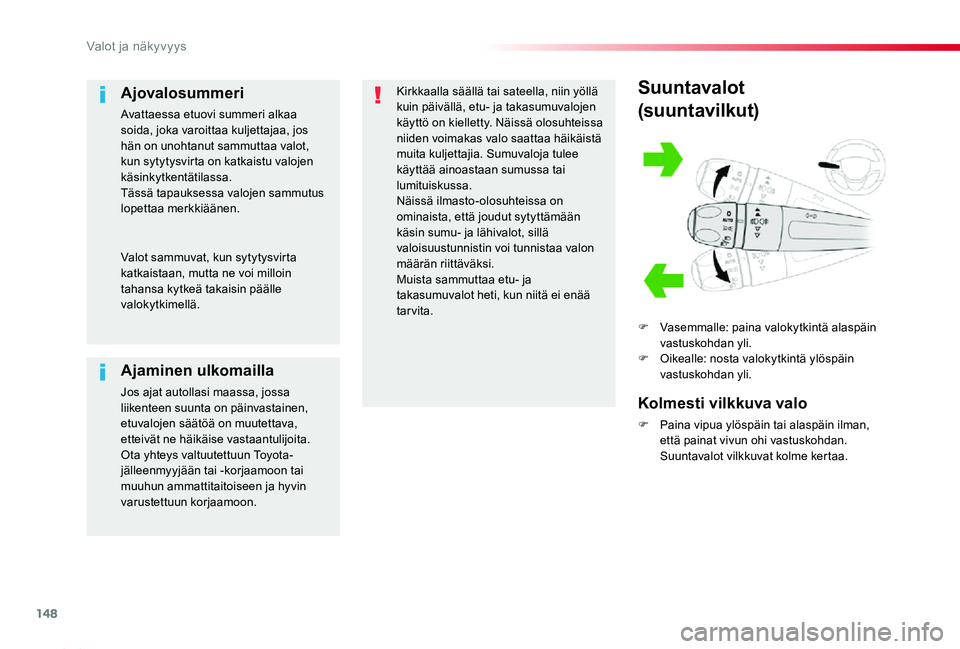 TOYOTA PROACE 2020  Omistajan Käsikirja (in Finnish) 148
Proace_fi_Chap04_eclairage-et-visibilite_ed2019_V02
Suuntavalot
(suuntavilkut)
F Vasemmalle: paina valokytkintä alaspäin vastuskohdan yli.F Oikealle: nosta valokytkintä ylöspäin vastuskohdan 