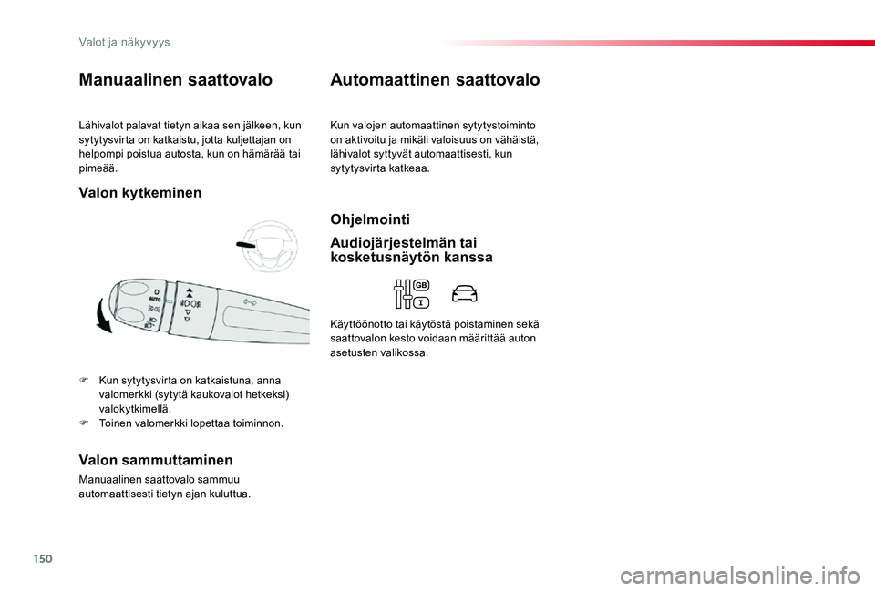 TOYOTA PROACE 2020  Omistajan Käsikirja (in Finnish) 150
Proace_fi_Chap04_eclairage-et-visibilite_ed2019_V02
Lähivalot palavat tietyn aikaa sen jälkeen, kun sytytysvirta on katkaistu, jotta kuljettajan on helpompi poistua autosta, kun on hämärää t