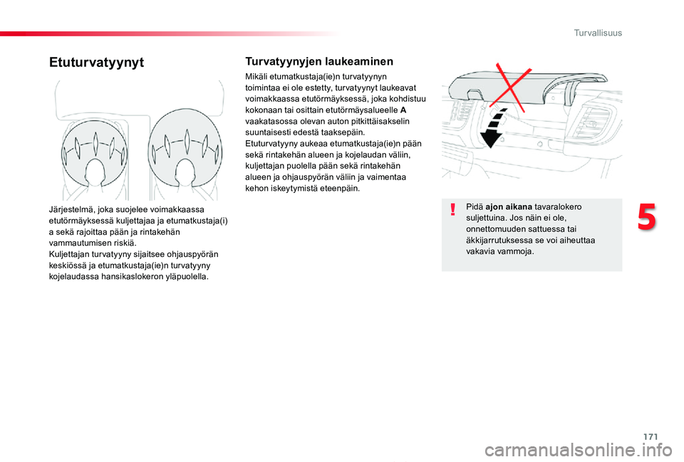 TOYOTA PROACE 2020  Omistajan Käsikirja (in Finnish) 171
Proace_fi_Chap05_securite_ed2019_V02
EtuturvatyynytTurvatyynyjen laukeaminen
Mikäli etumatkustaja(ie)n turvatyynyn toimintaa ei ole estetty, tur vatyynyt laukeavat voimakkaassa etutörmäyksessä