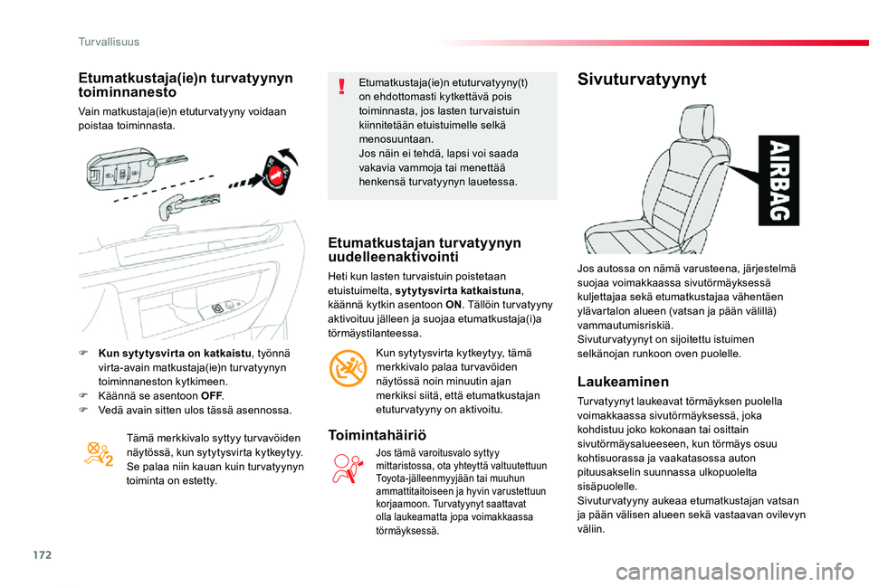 TOYOTA PROACE 2020  Omistajan Käsikirja (in Finnish) 172
Proace_fi_Chap05_securite_ed2019_V02
Etumatkustaja(ie)n turvatyynyn toiminnanesto
Vain matkustaja(ie)n etuturvatyyny voidaan poistaa toiminnasta.
Tämä merkkivalo syttyy tur vavöiden näytössä