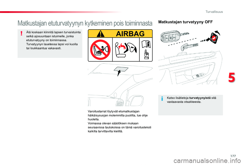 TOYOTA PROACE 2020  Omistajan Käsikirja (in Finnish) 177
Proace_fi_Chap05_securite_ed2019_V02
Matkustajan turvatyyny OFF
Katso lisätietoja tur vatyynyistä sitä vastaavasta otsakkeesta.
Matkustajan etuturvatyynyn kytkeminen pois toiminnasta
Älä kosk