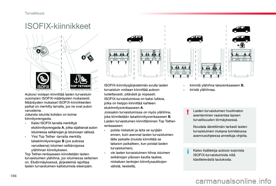 TOYOTA PROACE 2020  Omistajan Käsikirja (in Finnish) 186
Proace_fi_Chap05_securite_ed2019_V02
ISOFIX-kiinnikkeet
Lasten tur vaistuimen huolimaton asentaminen vaarantaa lapsen turvallisuuden törmäyksessä.
Katso lisätietoja autoosi sopivista ISOFIX-tu