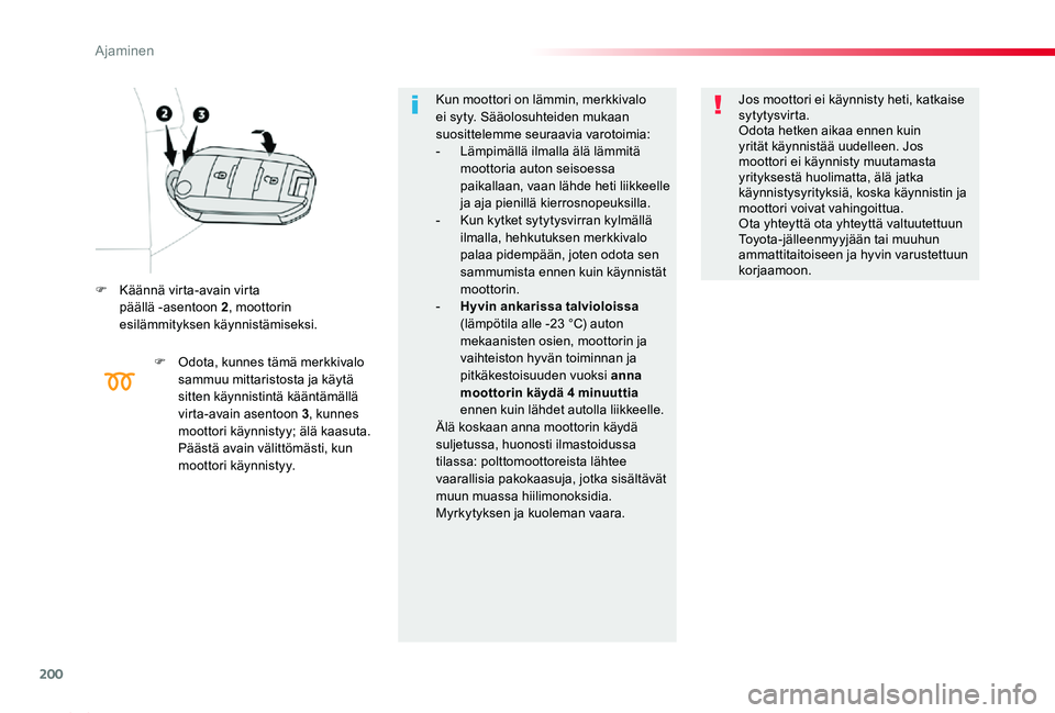 TOYOTA PROACE 2020  Omistajan Käsikirja (in Finnish) 200
Proace_fi_Chap06_conduite_ed2019_V02
F Käännä virta-avain virta  päällä -asentoon 2, moottorin esilämmityksen käynnistämiseksi.
F Odota, kunnes tämä merkkivalo sammuu mittaristosta ja k