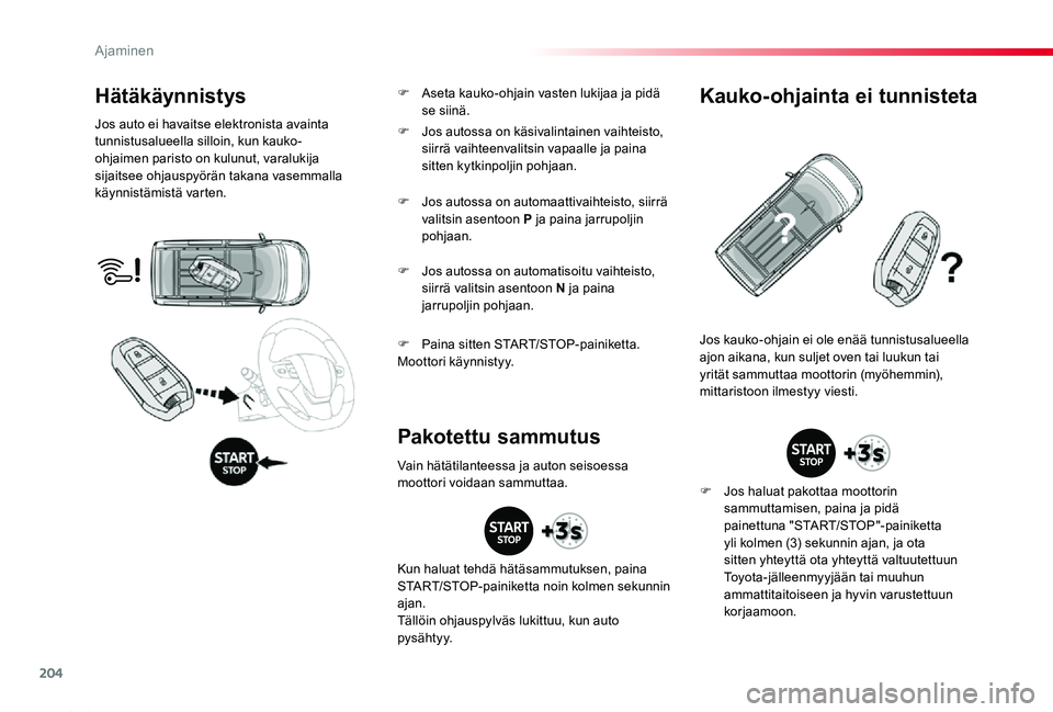 TOYOTA PROACE 2020  Omistajan Käsikirja (in Finnish) 204
Proace_fi_Chap06_conduite_ed2019_V02
Hätäkäynnistys
Jos auto ei havaitse elektronista avainta tunnistusalueella silloin, kun kauko-ohjaimen paristo on kulunut, varalukija sijaitsee ohjauspyör
