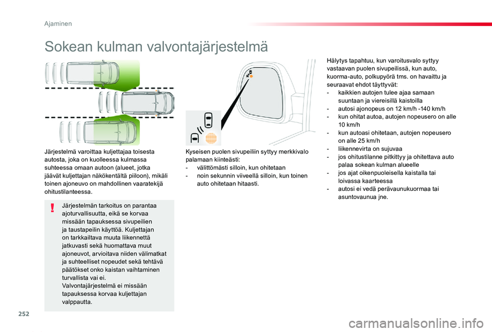 TOYOTA PROACE 2020  Omistajan Käsikirja (in Finnish) 252
Proace_fi_Chap06_conduite_ed2019_V02
Sokean kulman valvontajärjestelmä
Kyseisen puolen sivupeiliin syttyy merkkivalo palamaan kiinteästi:-  välittömästi silloin, kun ohitetaan-  noin sekunni