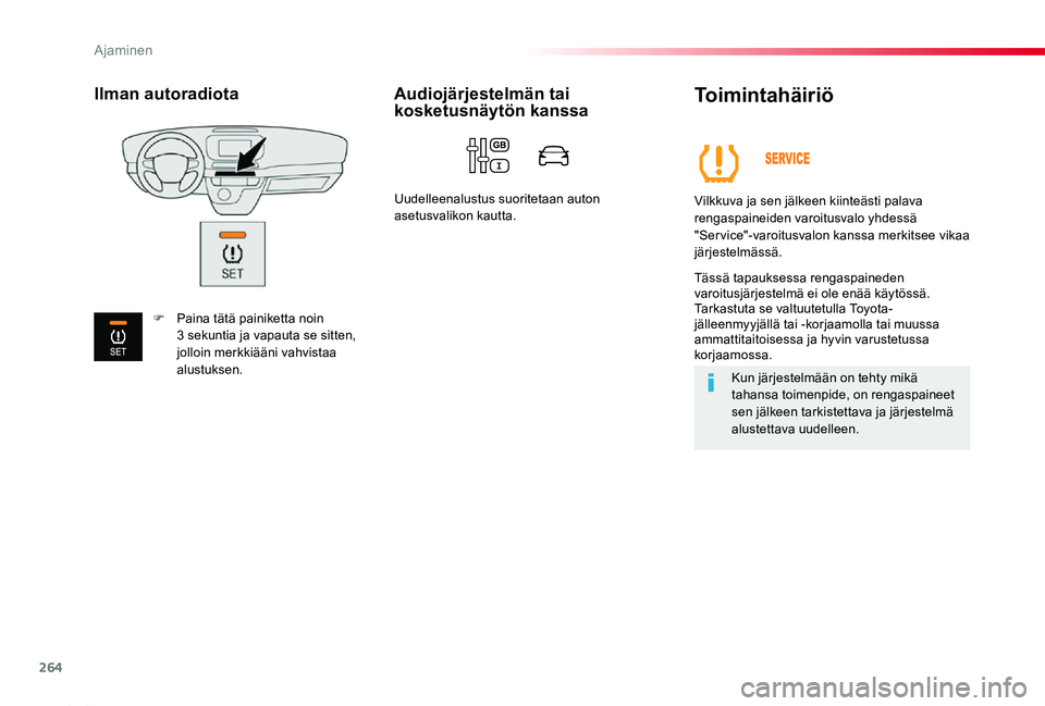 TOYOTA PROACE 2020  Omistajan Käsikirja (in Finnish) 264
Proace_fi_Chap06_conduite_ed2019_V02
Toimintahäiriö
Vilkkuva ja sen jälkeen kiinteästi palava rengaspaineiden varoitusvalo yhdessä "Service"-varoitusvalon kanssa merkitsee vikaa järj