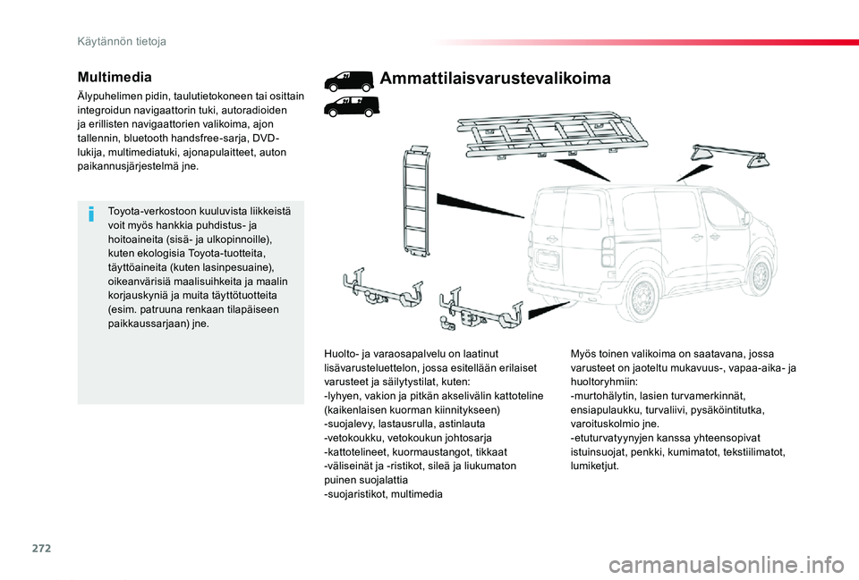 TOYOTA PROACE 2020  Omistajan Käsikirja (in Finnish) 272
Proace_fi_Chap07_info-pratiques_ed2019_V02
Toyota-verkostoon kuuluvista liikkeistä voit myös hankkia puhdistus- ja hoitoaineita (sisä- ja ulkopinnoille), kuten ekologisia Toyota-tuotteita, täy