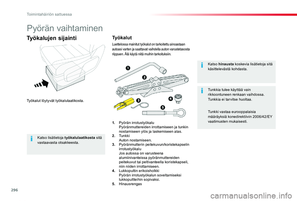 TOYOTA PROACE 2020  Omistajan Käsikirja (in Finnish) 296
Proace_fi_Chap08_En-cas-de-panne_ed2019_V02
Pyörän vaihtaminen
Työkalut löytyvät työkalulaatikosta.
Työkalujen sijainti
1. Pyörän irrotustyökalu  Pyöränmuttereiden irrottamiseen ja tun