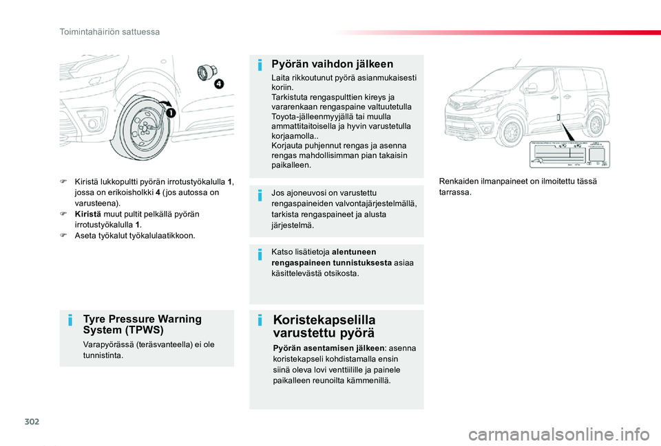 TOYOTA PROACE 2020  Omistajan Käsikirja (in Finnish) 302
Proace_fi_Chap08_En-cas-de-panne_ed2019_V02
F Kiristä lukkopultti pyörän irrotustyökalulla  1, jossa on erikoisholkki 4 (jos autossa on varusteena).F Kiristä muut pultit pelkällä pyörän i