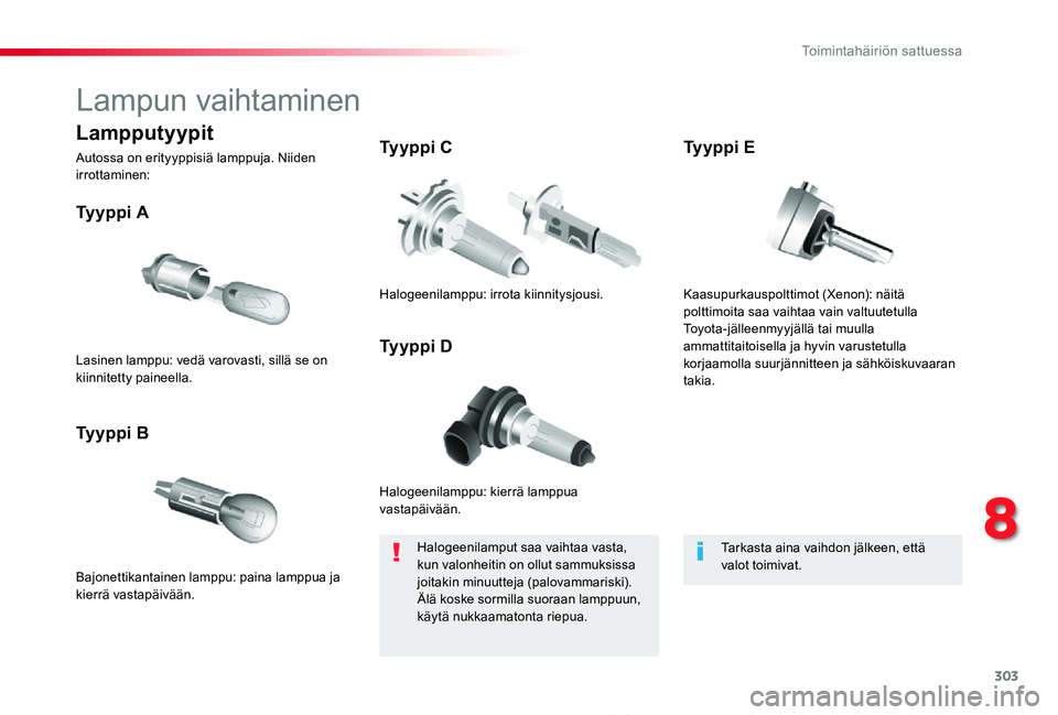 TOYOTA PROACE 2020  Omistajan Käsikirja (in Finnish) 303
Proace_fi_Chap08_En-cas-de-panne_ed2019_V02
Lampun vaihtaminen
Halogeenilamppu: kierrä lamppua vastapäivään.
Ty y p p i  A
Bajonettikantainen lamppu: paina lamppua ja kierrä vastapäivään.
