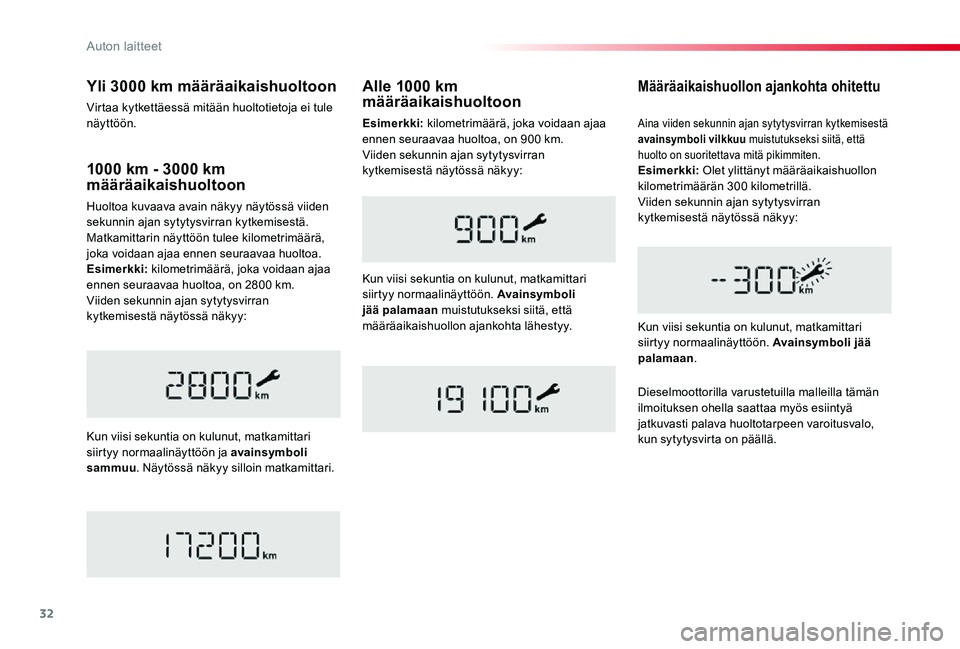 TOYOTA PROACE 2020  Omistajan Käsikirja (in Finnish) 32
1000 km - 3000 km määräaikaishuoltoon
Huoltoa kuvaava avain näkyy näytössä viiden sekunnin ajan sytytysvirran kytkemisestä. Matkamittarin näyttöön tulee kilometrimäärä, joka voidaan a