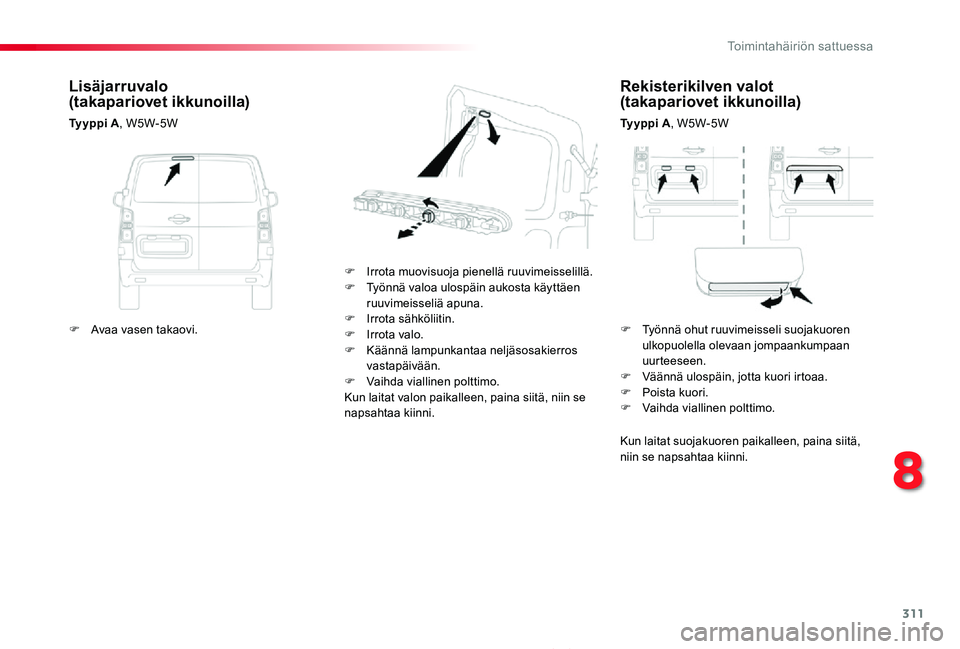 TOYOTA PROACE 2020  Omistajan Käsikirja (in Finnish) 311
Proace_fi_Chap08_En-cas-de-panne_ed2019_V02
Rekisterikilven valot (takapariovet ikkunoilla)
Ty y p p i  A, W5W-5W
F Irrota muovisuoja pienellä ruuvimeisselillä.F Työnnä valoa ulospäin aukosta