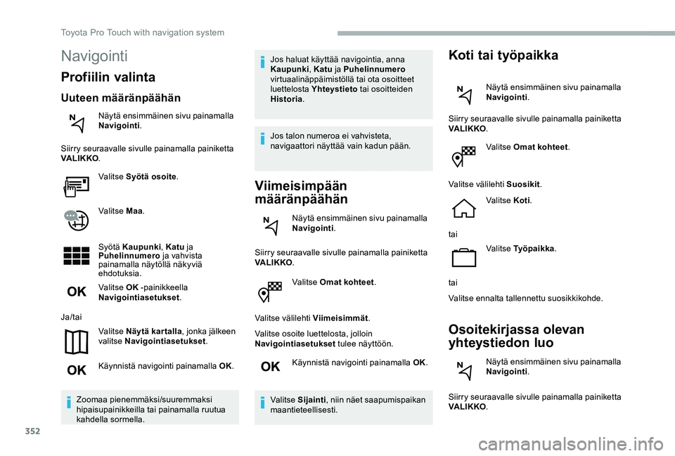 TOYOTA PROACE 2020  Omistajan Käsikirja (in Finnish) 352
Valitse Omat kohteet.
Valitse välilehti Viimeisimmät.
Valitse osoite luettelosta, jolloin Navigointiasetukset tulee näyttöön.
Käynnistä navigointi painamalla OK.
Valitse Sijainti, niin näe