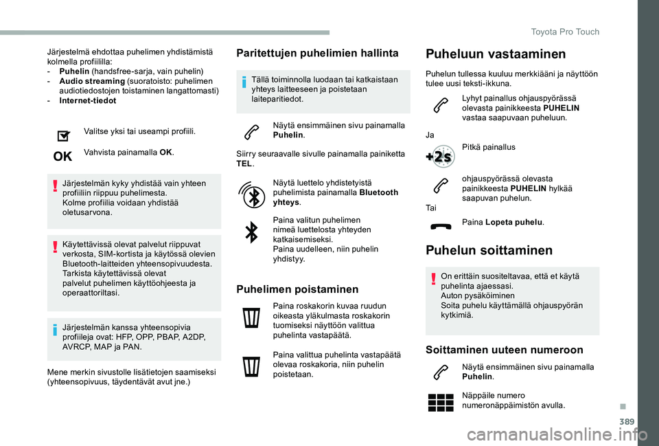 TOYOTA PROACE 2020  Omistajan Käsikirja (in Finnish) 389
Järjestelmä ehdottaa puhelimen yhdistämistä kolmella profiililla:- Puhelin (handsfree-sarja, vain puhelin)- Audio streaming (suoratoisto: puhelimen audiotiedostojen toistaminen langattomasti)-