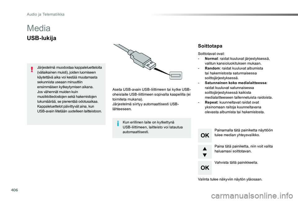 TOYOTA PROACE 2020  Omistajan Käsikirja (in Finnish) 406
Proace_fi_Chap10d_RD6_ed2019_V02
Media
USB-lukija
Aseta USB-avain USB-liittimeen tai kytke USB-oheislaite USB-liittimeen sopivalla kaapelilla (ei toimiteta mukana).Järjestelmä siirtyy automaatti