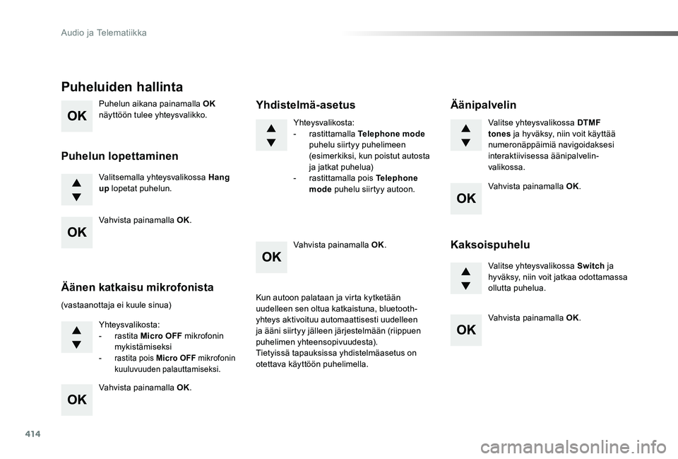 TOYOTA PROACE 2020  Omistajan Käsikirja (in Finnish) 414
Proace_fi_Chap10d_RD6_ed2019_V02
Puhelun aikana painamalla OK näyttöön tulee yhteysvalikko.
Valitsemalla yhteysvalikossa Hang up lopetat puhelun.
Puheluiden hallinta
Puhelun lopettaminen
(vasta