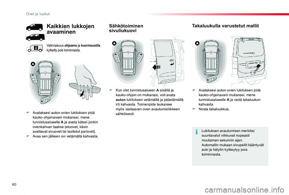 TOYOTA PROACE 2020  Omistajan Käsikirja (in Finnish) 60
Proace_fi_Chap02_ouvertures_ed2019_V02
Valinnaisuus ohjaamo ja kuormaustila kytketty pois toiminnasta.
Lukituksen avautumisen merkiksi suuntavalot vilkkuvat nopeasti muutaman sekunnin ajan.Automall